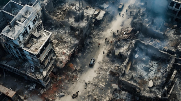 Vista aérea de la ciudad destruida por un incendio y humo