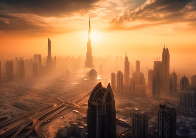 Una vista aérea de la ciudad de dubai al atardecer