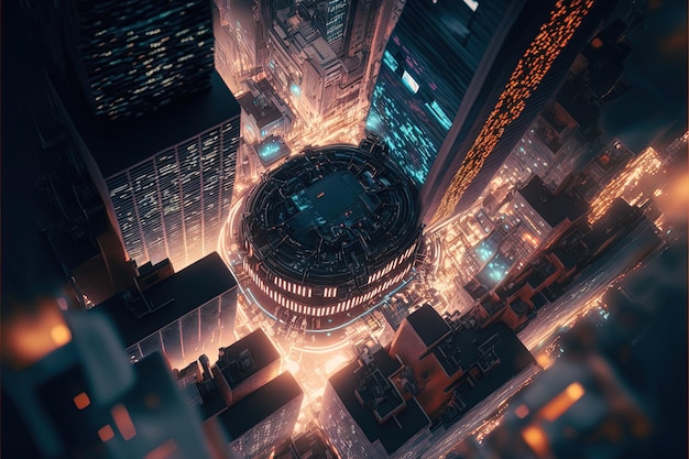 Vista aérea de una ciudad futurista moderna con luces nocturnas de la ciudad multitud ciudad vida de la ciudad Ai generativo