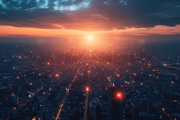 Una vista aérea de una ciudad inteligente con redes interconectadas y dispositivos de IoT perfectamente integrados en el tejido urbano al atardecer