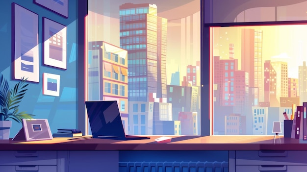 Foto una vista aérea de la ciudad moderna como se ve desde la ventana de una habitación cálida y acogedora con una computadora portátil y imágenes en las paredes interior moderno de dibujos animados con una ordenador portátil en una gran abertura de vidrio y