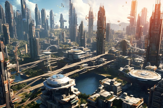 Vista aérea de la ciudad del paisaje urbano futurista