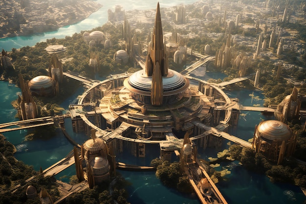 Vista aérea de la ciudad del paisaje urbano futurista