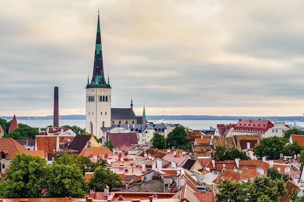 Vista aérea de la ciudad de Tallin con sus torres de iglesias al atardecer.