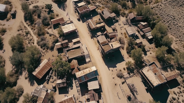 Vista aérea de una ciudad del Viejo Oeste capturada por IA generativa