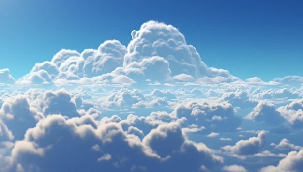 Vista aérea de Cloudscape o nubes esponjosas de cúmulos y estilo de anime de fondo de cielo azul