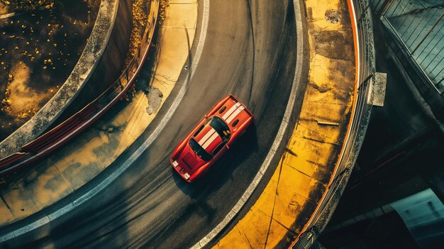 Vista aérea de un coche de carreras en una pista de carreras capturada por IA generativa