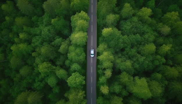 Vista aérea de un coche en la carretera en el bosque