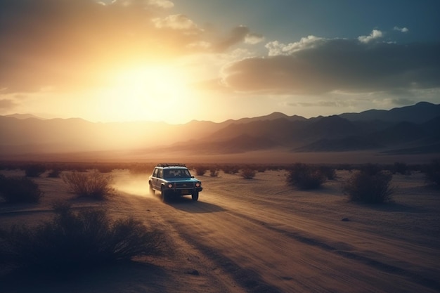 Vista aérea de un coche en una carretera del desierto