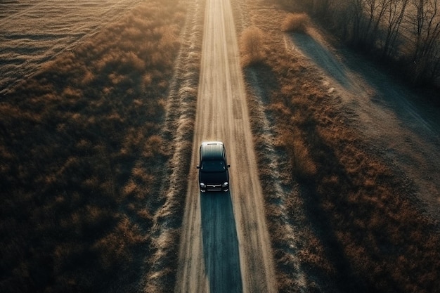 Vista aérea de un coche en la carretera