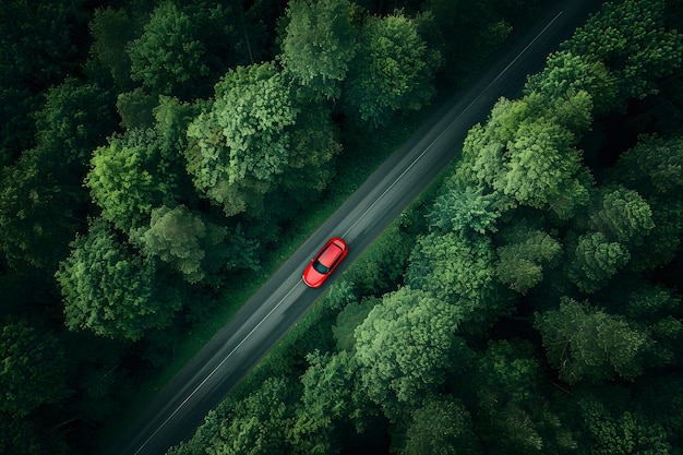 Vista aérea de un coche rojo conduciendo por el bosque