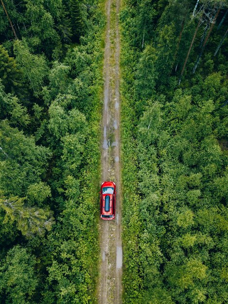 Vista aérea de un coche rojo con un portaequipajes en una carretera rural verde de verano en Finlandia