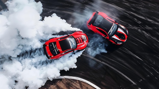 Foto vista aérea de coches deportivos en una intensa batalla de deriva en una pista de carreras apretada con neumáticos humeantes