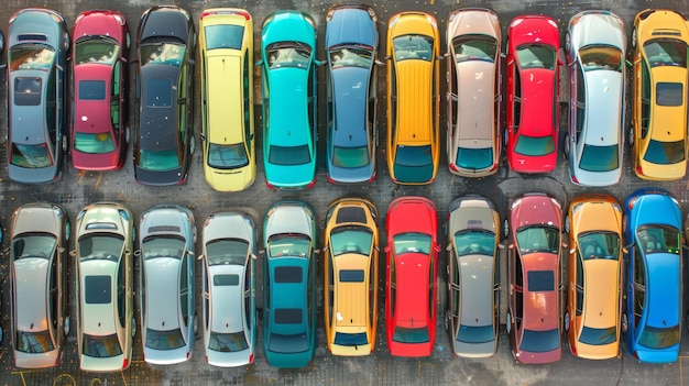 Vista aérea de coches multicolores estacionados apretados en un concurrido estacionamiento urbano