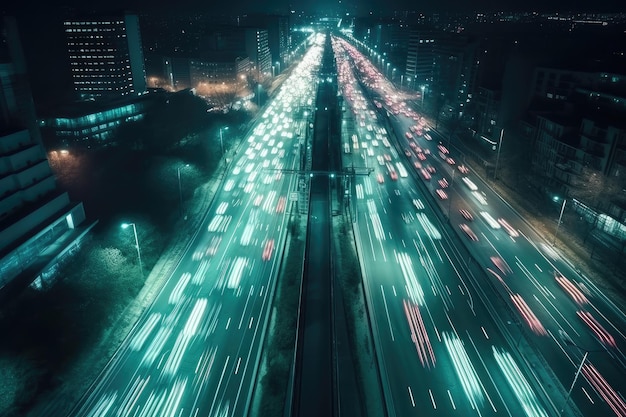 Vista aérea de los coches a toda velocidad por las calles de la ciudad