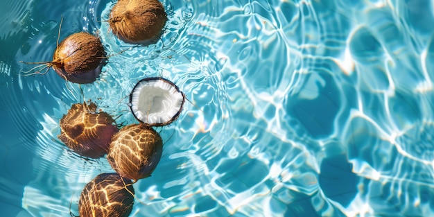 Vista aérea de cocos frescos flotando en una piscina de verano