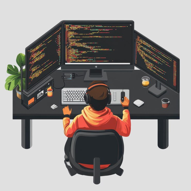 Foto vista aérea de la codificación del programador en el escritorio rodeado de múltiples monitores en un espacio de trabajo moderno con plantas y tazas de café