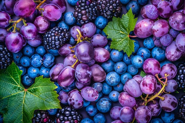 Vista aérea de una colorida ensalada de frutas con uvas púrpuras, arándanos y moras