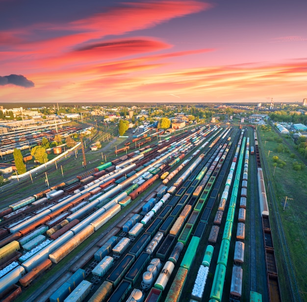 Vista aérea de coloridos trenes de carga en la estación de tren al atardecer