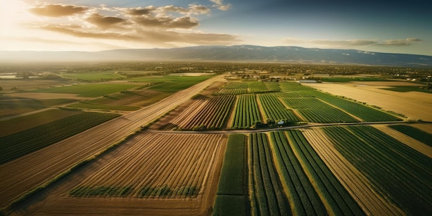 Vista aérea com a textura da geometria da paisagem de muitos campos agrícolas com diferentes plantas, como a colza na época de floração