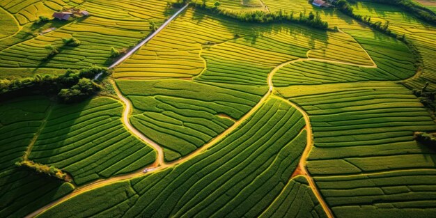 Vista aérea com a textura da geometria da paisagem de muitos campos agrícolas com diferentes plantas, como a colza na época de floração