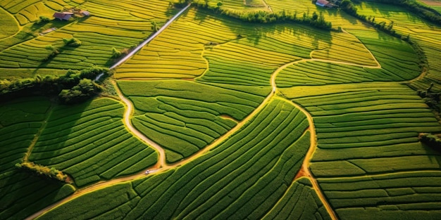 Vista aérea com a textura da geometria da paisagem de muitos campos agrícolas com diferentes plantas, como a colza na época de floração