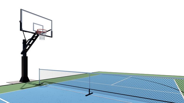 vista aérea de una combinación de render 3D de baloncesto y pickleball corte multi-deporte