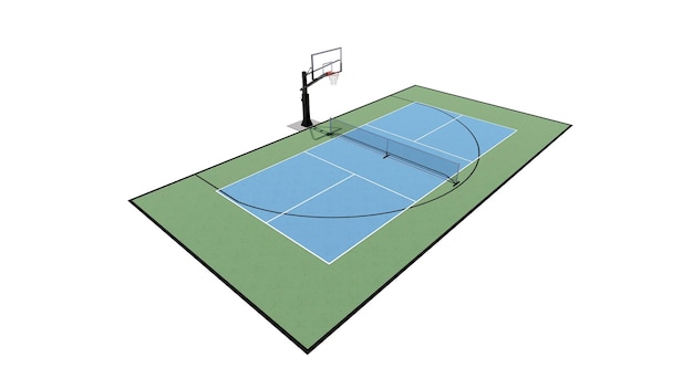 vista aérea de una combinación de render 3D de baloncesto y pickleball corte multi-deporte