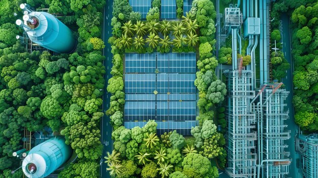 Vista aérea de un complejo industrial en medio de un bosque verde y exuberante