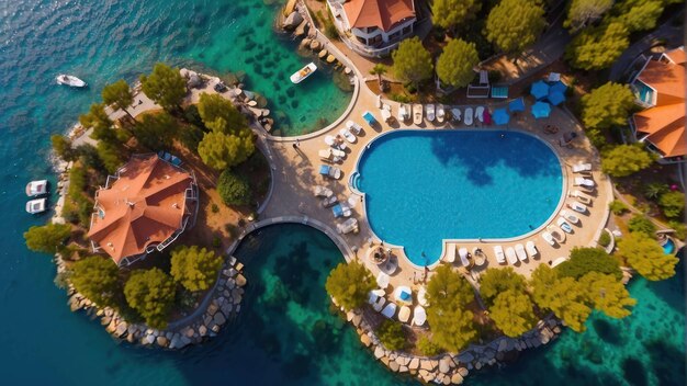 Vista aérea de un complejo de lujo con piscinas