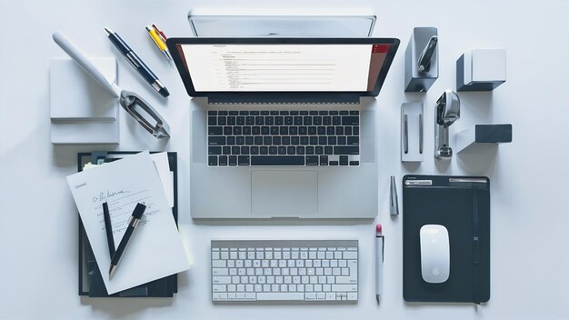 Vista aérea de la computadora portátil y el papelería de la oficina sobre un fondo blanco