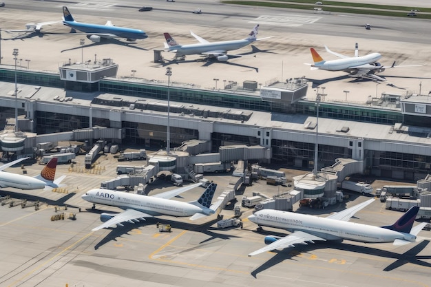 Vista aérea del concurrido aeropuerto con aviones despegando y aterrizando creados con IA generativa