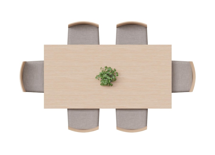 Foto vista aérea del conjunto de comedor con una mesa de madera, sillas y plantas decorativas mesa rectangular aislada sobre un fondo blanco muebles cortados vista superior elementos del plan de piso de planta plana renderización 3d