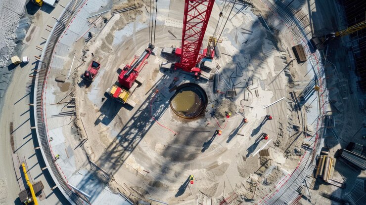 Vista aérea de la construcción de la turbina eólica con múltiples grúas y trabajadores