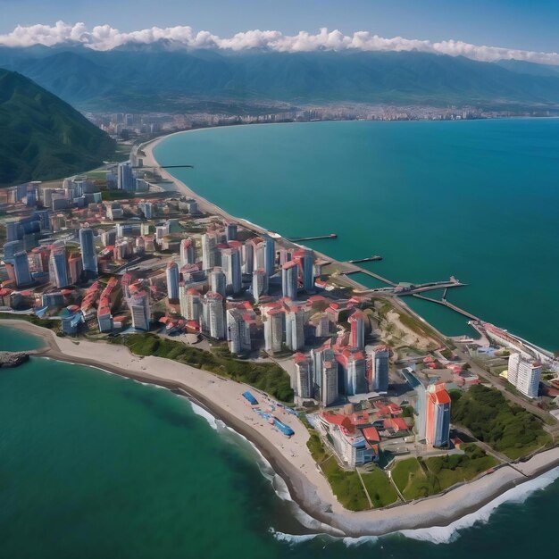 Vista aérea de la costa en Batumi, Georgia Mar Negro Mar puerto barcos edificios montañas