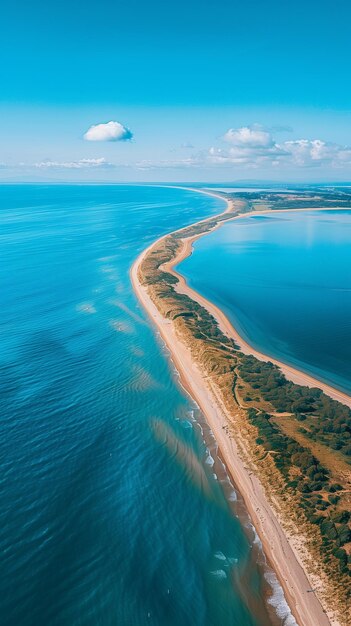 Foto vista aérea de la costa con el océano azul y la larga playa de arena