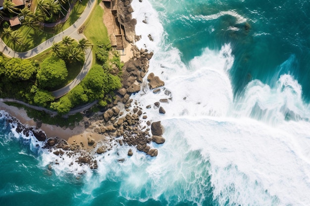 Vista aérea de la costa con las olas del océano