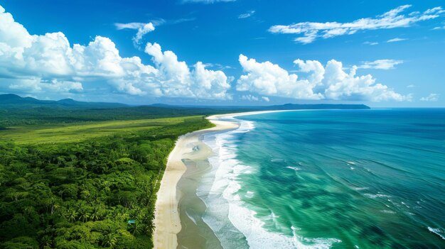 Foto vista aérea de una costa prístina con playas de arena blanca y exuberante vegetación que se extiende hasta donde alcanza la vista