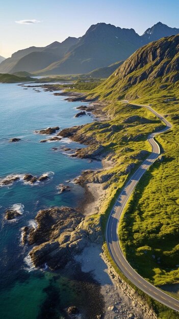 vista aérea de la costa rocosa de la carretera con olas y piedras al atardecer en las islas lofoten