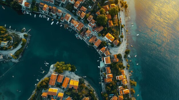 Foto vista aérea da aldeia de serene lakeside