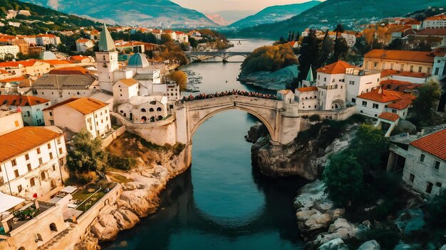 Vista aérea da antiga ponte de Mostar, famoso destino turístico na Bósnia e Herzegovina