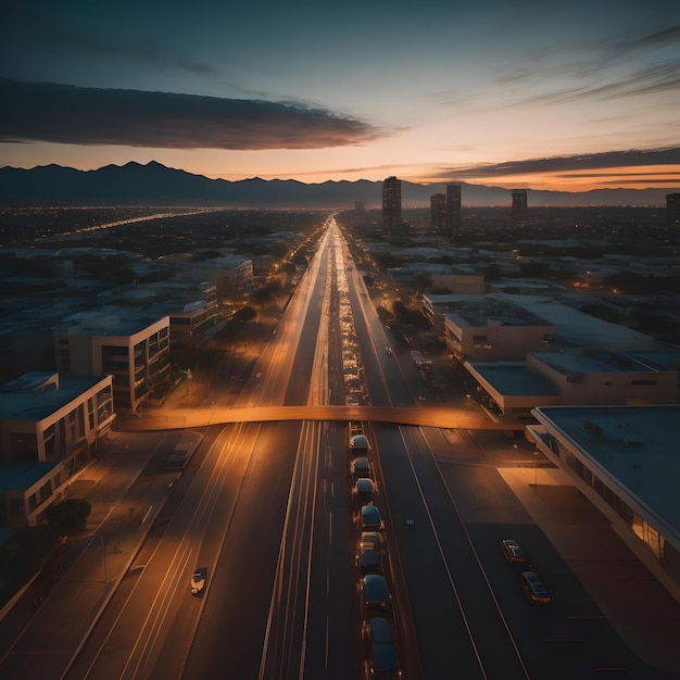 Foto vista aérea da auto-estrada da cidade ao pôr-do-sol