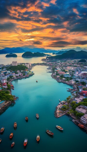Foto vista aérea da baía de halong no pôr-do-sol no vietnã a baía de ha long é um destino turístico popular no vietnão
