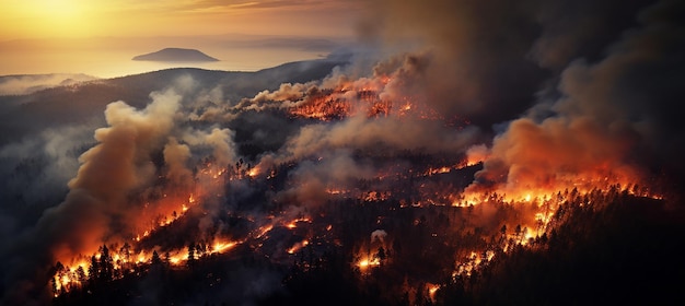 Vista aérea da batalha da natureza dos incêndios florestais que devastam a floresta