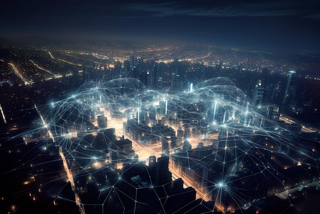 Vista aérea da cidade à noite com estrelas e nuvens Generative AI