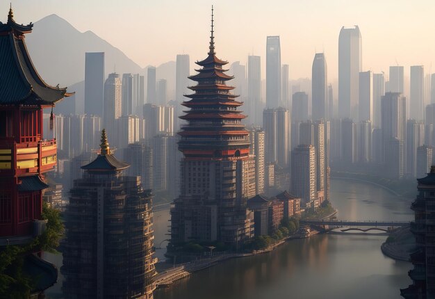 Foto vista aérea da cidade de wuhan a torre amarela do guindaste localizada na colina da cobra em wuhan é uma das