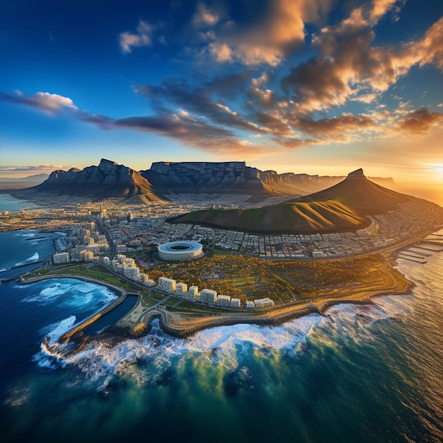 Vista aérea da Cidade do Cabo, na África do Sul, com a Montanha da Mesa