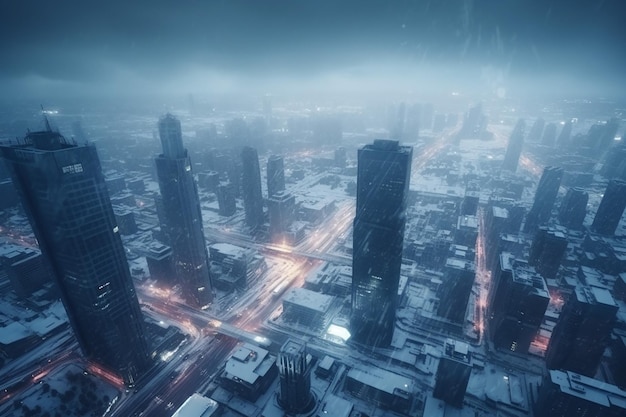 Foto vista aérea da cidade moderna com arranha-céus e estradas rodoviárias no inverno nevado