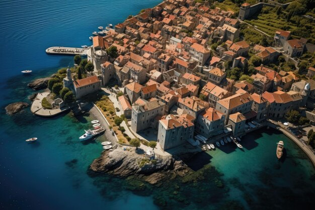 Vista aérea da cidade velha de Sveti Stefan em Montenegro Vista aérea da Cidade Velha Férias e aventura Cidade e mar AI Gerado