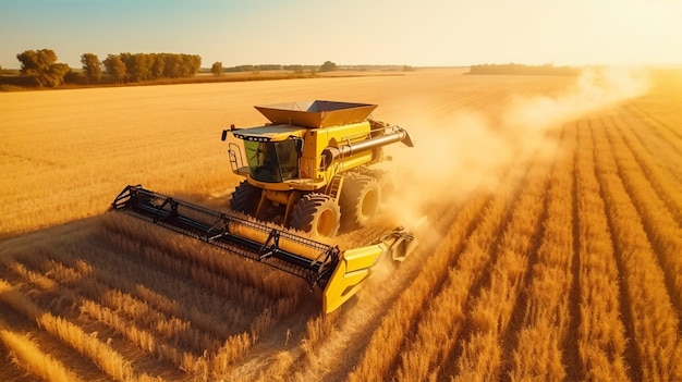 Vista aérea da colheita de trigo pela colheitaira